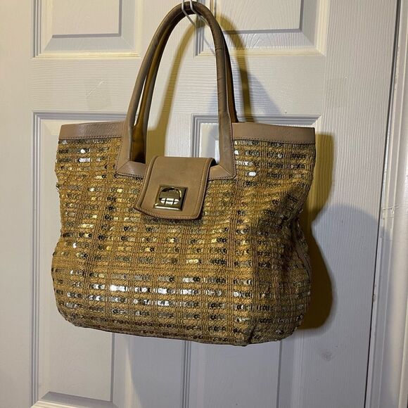 Kate Spade Jute and sequins Tan & Gold  shoulder bag leather beige straps & trim - Picture 1 of 16